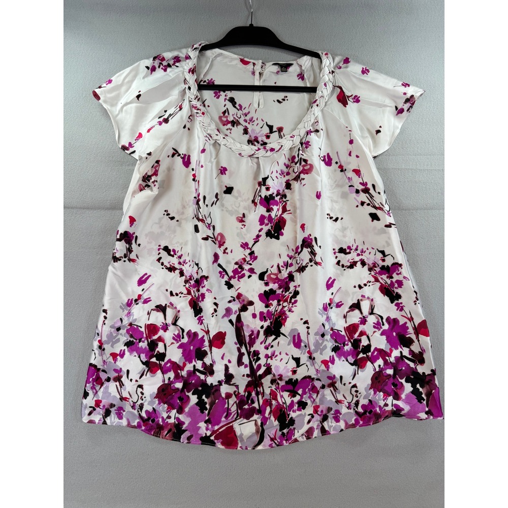 Milano Woman 1X Floral Satin Blouse Purple Pink Braided Neck Short Sleeve Top